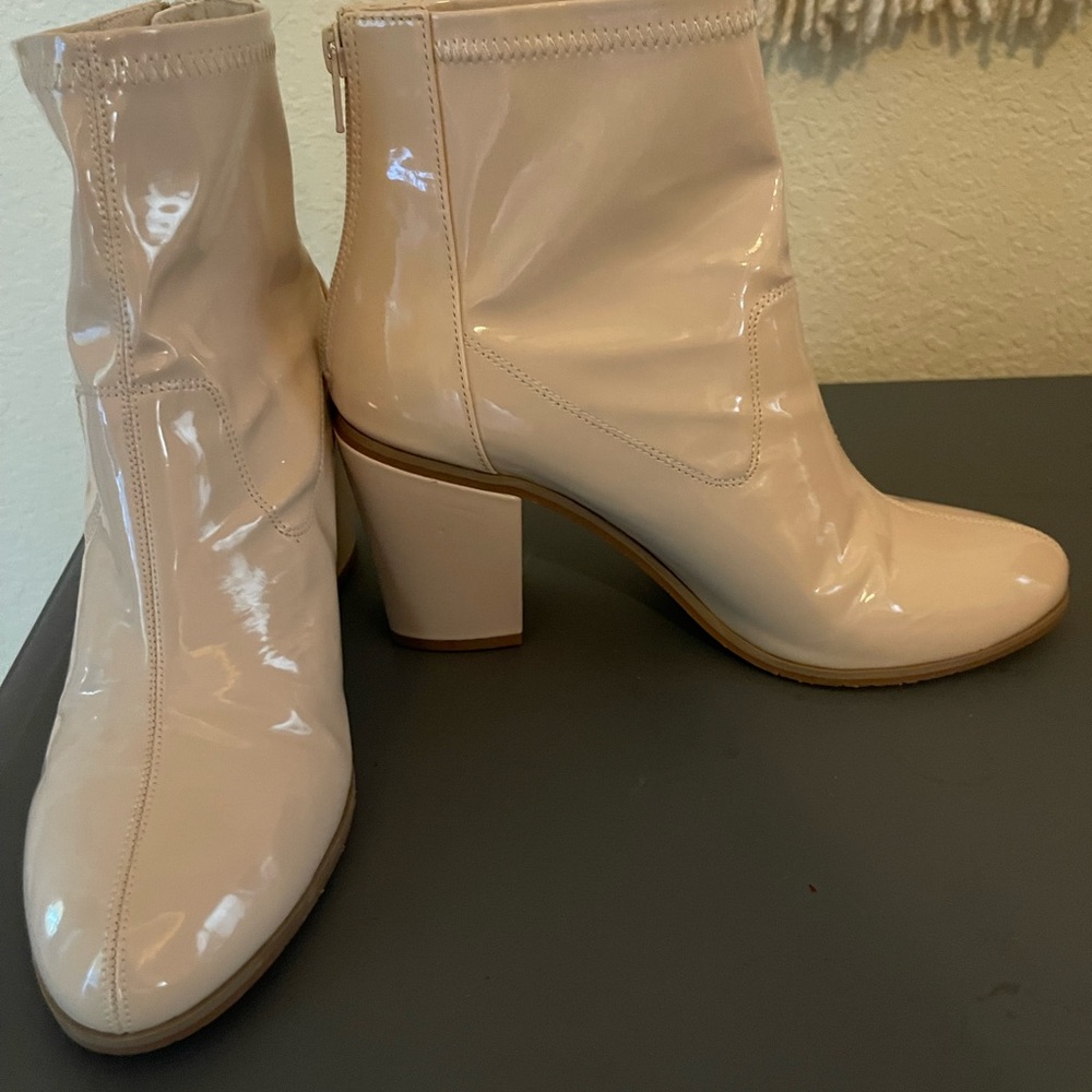 Pleather Nude Chunky Heel Boots